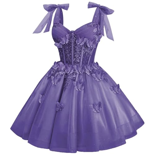 3D Schmetterling Abendkleider für Teenager Kurze Glitter Spitze Applikation Ballkleider Bogen Straps Cocktailkleider(Dusty Violett,38) von Beyonddress