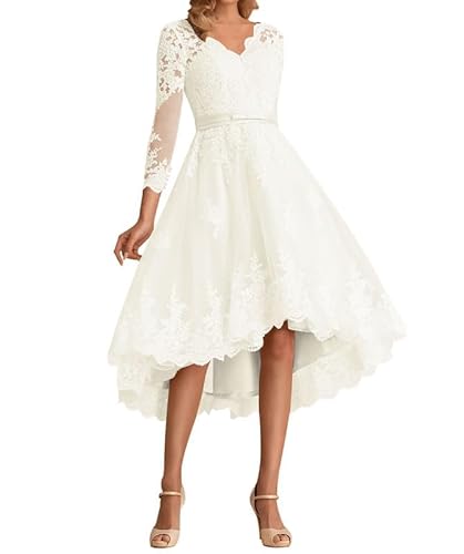 A-Linie Brautkleider Kurz Spitze Tüll Brautkleid Unregelmässig Hochzeitskleid Langarm Standesamtkleid,Elfenbein,DE48 von Beyonddress
