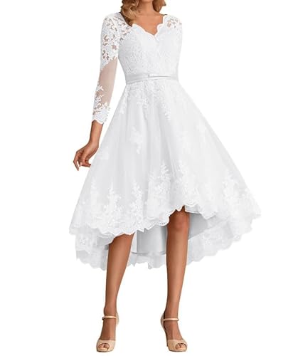 A-Linie Brautkleider Kurz Spitze Tüll Brautkleid Unregelmässig Hochzeitskleid Langarm Standesamtkleid,Weiß,DE48 von Beyonddress