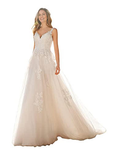 A-Linie Spitze Brautkleider mit Zug Lang V-Ausschnitt Hochzeitskleid Appliques Brautkleid Standesamtkleid von Beyonddress