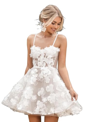 Beyonddress 3D Blumen Brautkleid für Braut Kurz Eleagnt Brautkleider für Frauen Spitze Appliques Hochzeitsfeier Mini Ballkleider(Elfenbein 08,36) von Beyonddress