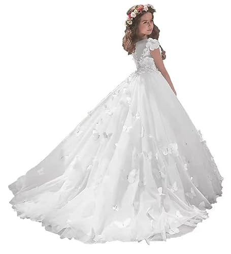 Beyonddress 3D Floral Schmetterling Blumenmädchen Kleider für Hochzeit Ballkleid Spitze Applikationen Tüll Party Festtagskleid(Weiß,8 Jahre) von Beyonddress