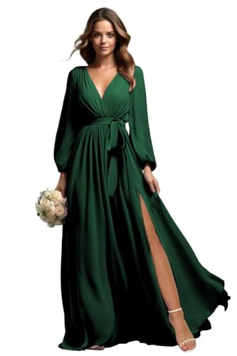 Beyonddress Chiffon Abendkleider Lang Brautjungfer Kleider für Hochzeit Mit Lange Ärmel V-Ausschnitt Formelle Party Kleid mit Schlitz(Dunkelgrün,46) von Beyonddress