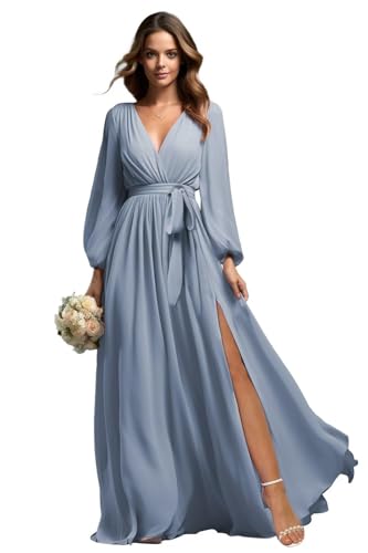 Beyonddress Chiffon Abendkleider Lang Brautjungfer Kleider für Hochzeit Mit Lange Ärmel V-Ausschnitt Formelle Party Kleid mit Schlitz(Dusty Blau,32) von Beyonddress
