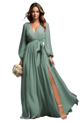 Beyonddress Chiffon Abendkleider Lang Brautjungfer Kleider für Hochzeit Mit Lange Ärmel V-Ausschnitt Formelle Party Kleid mit Schlitz(Eucalyptus,40) von Beyonddress