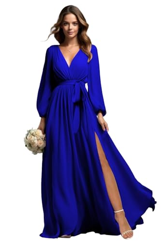 Beyonddress Chiffon Abendkleider Lang Brautjungfer Kleider für Hochzeit Mit Lange Ärmel V-Ausschnitt Formelle Party Kleid mit Schlitz(Königsblau,36) von Beyonddress
