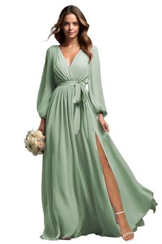 Beyonddress Chiffon Abendkleider Lang Brautjungfer Kleider für Hochzeit Mit Lange Ärmel V-Ausschnitt Formelle Party Kleid mit Schlitz(Salbei Grün,52) von Beyonddress