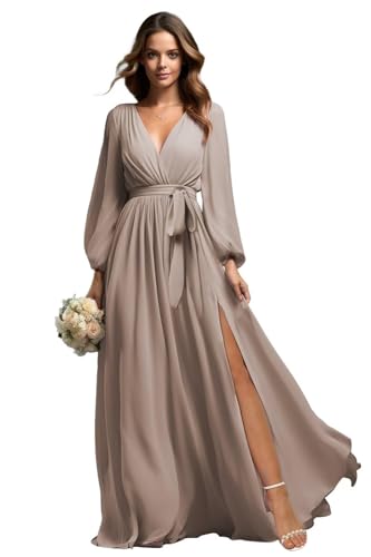 Beyonddress Chiffon Abendkleider Lang Brautjungfer Kleider für Hochzeit Mit Lange Ärmel V-Ausschnitt Formelle Party Kleid mit Schlitz(Taupe,48) von Beyonddress
