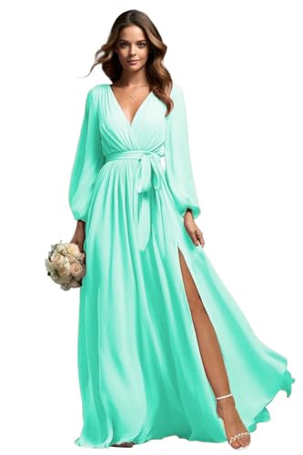 Beyonddress Chiffon Abendkleider Lang Brautjungfer Kleider für Hochzeit Mit Lange Ärmel V-Ausschnitt Formelle Party Kleid mit Schlitz(Türkis,44) von Beyonddress