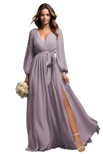 Beyonddress Chiffon Abendkleider Lang Brautjungfer Kleider für Hochzeit Mit Lange Ärmel V-Ausschnitt Formelle Party Kleid mit Schlitz(Wisteria,42) von Beyonddress