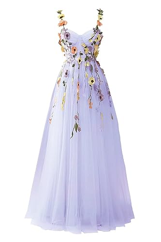Beyonddress Damen 3D Blume Applique Abendkleider mit Stickerei Tüll Ballkleider Formelle Party Kleider(A-Lavendel,44) von Beyonddress