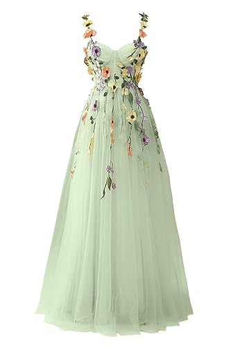 Beyonddress Damen 3D Blume Applique Abendkleider mit Stickerei Tüll Ballkleider Formelle Party Kleider(A-Salbei Grün,38) von Beyonddress