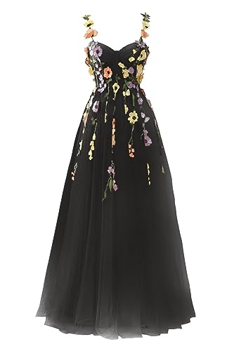Beyonddress Damen 3D Blume Applique Abendkleider mit Stickerei Tüll Ballkleider Formelle Party Kleider(A-Schwarz,46) von Beyonddress