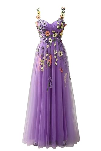 Beyonddress Damen 3D Blume Applique Abendkleider mit Stickerei Tüll Ballkleider Formelle Party Kleider(A-Violett,44) von Beyonddress