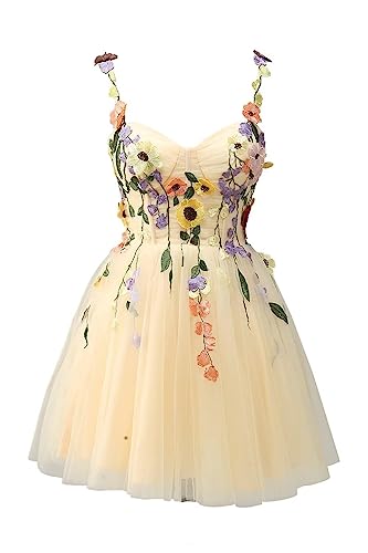 Beyonddress Damen 3D Blume Applique Abendkleider mit Stickerei Tüll Ballkleider Kurz Formelle Party Kleider(C-Champagne,52) von Beyonddress