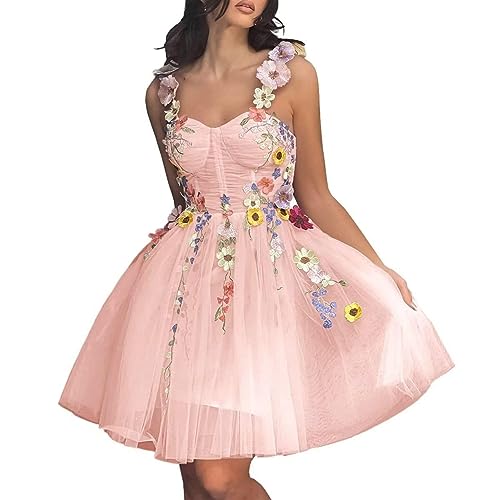 Beyonddress Damen 3D Blume Applique Abendkleider mit Stickerei Tüll Ballkleider Kurz Formelle Party Kleider(C-Erröten,40) von Beyonddress