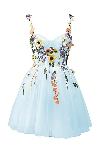 Beyonddress Damen 3D Blume Applique Abendkleider mit Stickerei Tüll Ballkleider Kurz Formelle Party Kleider(C-Hellblau,34) von Beyonddress