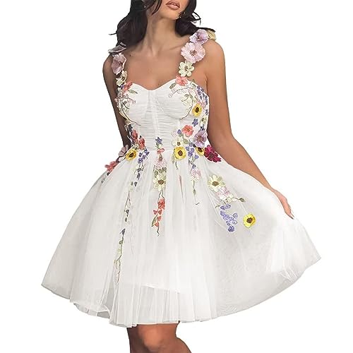 Beyonddress Damen 3D Blume Applique Abendkleider mit Stickerei Tüll Ballkleider Kurz Formelle Party Kleider(C-Weiß,38) von Beyonddress