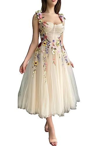 Beyonddress Damen 3D Blume Applique Abendkleider mit Stickerei Tüll Ballkleider Teelänge Formelle Party Kleider(B-Champagne,42) von Beyonddress