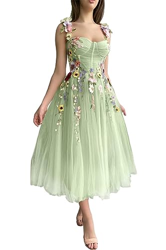 Beyonddress Damen 3D Blume Applique Abendkleider mit Stickerei Tüll Ballkleider Teelänge Formelle Party Kleider(B-Salbei Grün,48) von Beyonddress