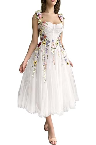 Beyonddress Damen 3D Blume Applique Abendkleider mit Stickerei Tüll Ballkleider Teelänge Formelle Party Kleider(B-Weiß,36) von Beyonddress