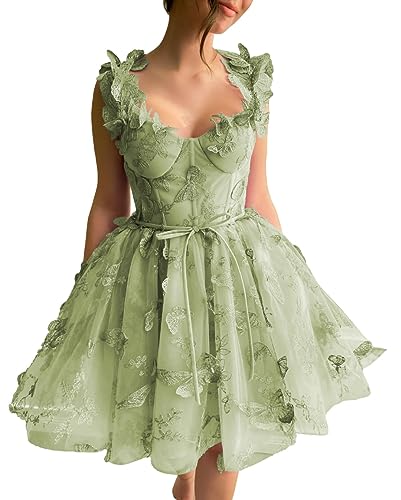 Beyonddress Damen 3D Schmetterlinge Tüll Abendkleider Spitzen Applique Kurz Ballkleid Sweetheart Cocktail Party Kleider(Salbei Grün,36) von Beyonddress