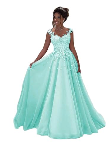 Beyonddress Damen Tulle Abendkleider Lang Hochzeit Spitze Prinzessin Ärmellos Brautkleid Ballkleider(Blau,48) von Beyonddress