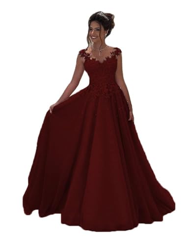Beyonddress Damen Tulle Abendkleider Lang Hochzeit Spitze Prinzessin Ärmellos Brautkleid Ballkleider(Burgund,32) von Beyonddress