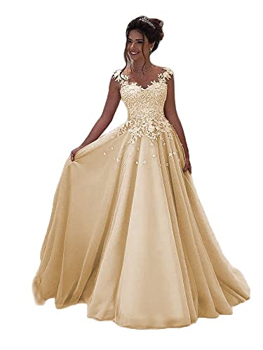 Beyonddress Damen Tulle Abendkleider Lang Hochzeit Spitze Prinzessin Ärmellos Brautkleid Ballkleider(Champagner,48) von Beyonddress