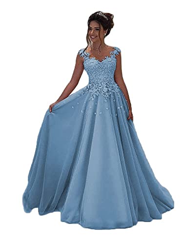 Beyonddress Damen Abendkleider Lang Hochzeit Spitze Prinzessin Ärmellos Brautkleid Ballkleider(Dusty Blau,36) von Beyonddress