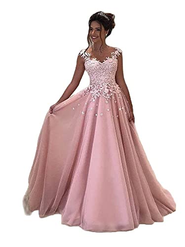 Beyonddress Damen Abendkleider Lang Hochzeit Spitze Prinzessin Ärmellos Brautkleid Ballkleider(Erröten,36) von Beyonddress