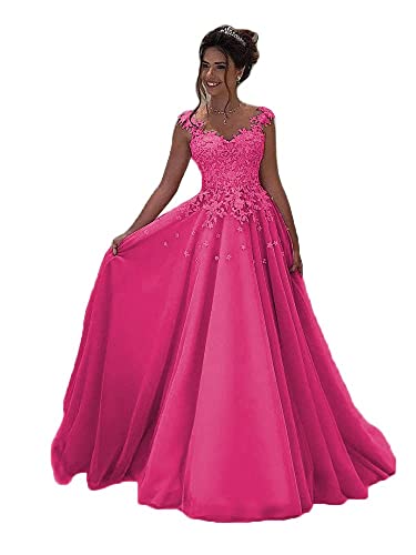 Beyonddress Damen Abendkleider Lang Hochzeit Spitze Prinzessin Ärmellos Brautkleid Ballkleider(Fuchsie,40) von Beyonddress