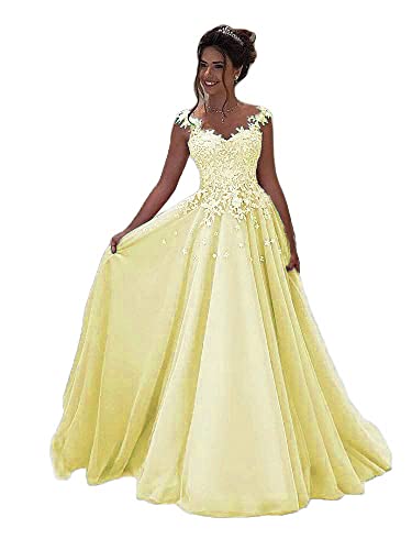 Beyonddress Damen Abendkleider Lang Hochzeit Spitze Prinzessin Ärmellos Brautkleid Ballkleider(Gelb,44) von Beyonddress