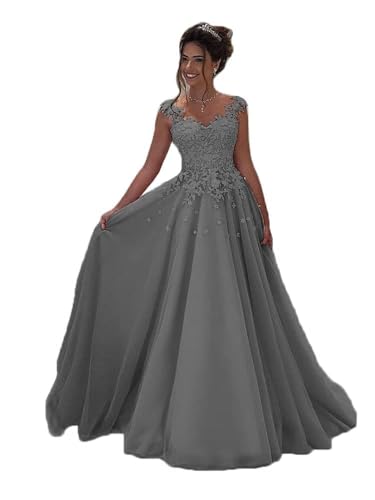 Beyonddress Damen Tulle Abendkleider Lang Hochzeit Spitze Prinzessin Ärmellos Brautkleid Ballkleider(Grau,42) von Beyonddress