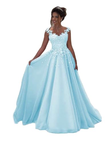 Beyonddress Damen Abendkleider Lang Hochzeit Spitze Prinzessin Ärmellos Brautkleid Ballkleider(Hellblau,42) von Beyonddress