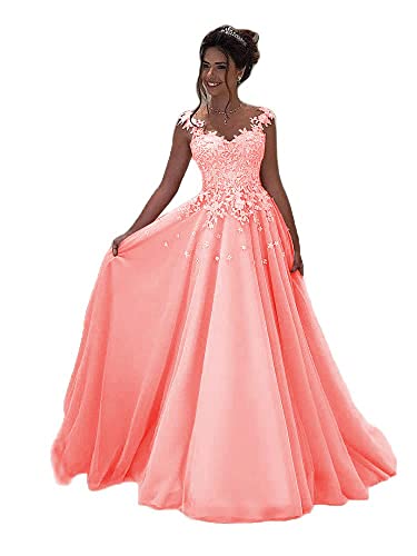 Beyonddress Damen Tulle Abendkleider Lang Hochzeit Spitze Prinzessin Ärmellos Brautkleid Ballkleider(Koralle,42) von Beyonddress