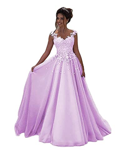 Beyonddress Damen Abendkleider Lang Hochzeit Spitze Prinzessin Ärmellos Brautkleid Ballkleider(Lila,50) von Beyonddress