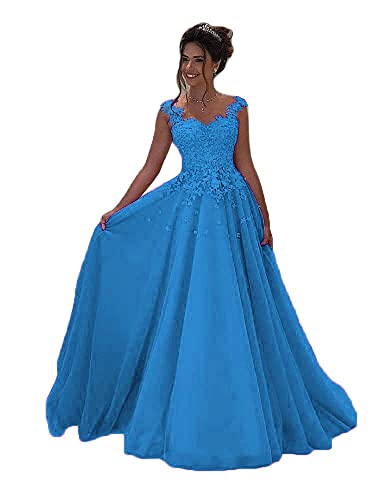 Beyonddress Damen Tulle Abendkleider Lang Hochzeit Spitze Prinzessin Ärmellos Brautkleid Ballkleider(Meeresblau,48) von Beyonddress