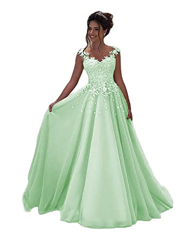 Beyonddress Damen Abendkleider Lang Hochzeit Spitze Prinzessin Ärmellos Brautkleid Ballkleider(Minze,36) von Beyonddress