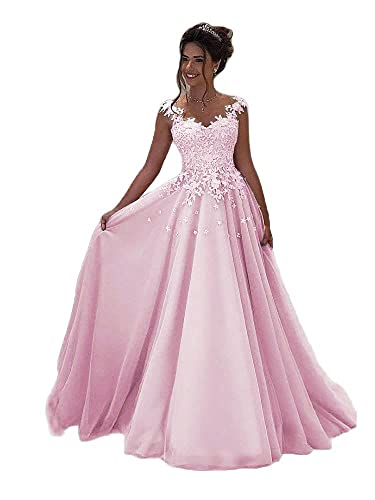 Beyonddress Damen Abendkleider Lang Hochzeit Spitze Prinzessin Ärmellos Brautkleid Ballkleider(Rosa,40) von Beyonddress