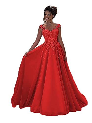 Beyonddress Damen Tulle Abendkleider Lang Hochzeit Spitze Prinzessin Ärmellos Brautkleid Ballkleider(Rot,44) von Beyonddress