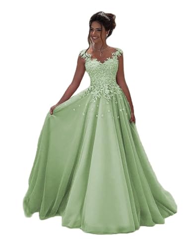 Beyonddress Damen Tulle Abendkleider Lang Hochzeit Spitze Prinzessin Ärmellos Brautkleid Ballkleider(Salbei Grün,36) von Beyonddress