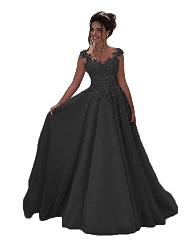 Beyonddress Damen Tulle Abendkleider Lang Hochzeit Spitze Prinzessin Ärmellos Brautkleid Ballkleider(Schwarz,34) von Beyonddress