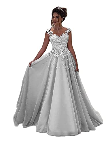 Beyonddress Damen Abendkleider Lang Hochzeit Spitze Prinzessin Ärmellos Brautkleid Ballkleider(Silber,36) von Beyonddress