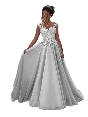 Beyonddress Damen Tulle Abendkleider Lang Hochzeit Spitze Prinzessin Ärmellos Brautkleid Ballkleider(Silber,42) von Beyonddress