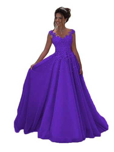 Beyonddress Damen Tulle Abendkleider Lang Hochzeit Spitze Prinzessin Ärmellos Brautkleid Ballkleider(Violett,38) von Beyonddress