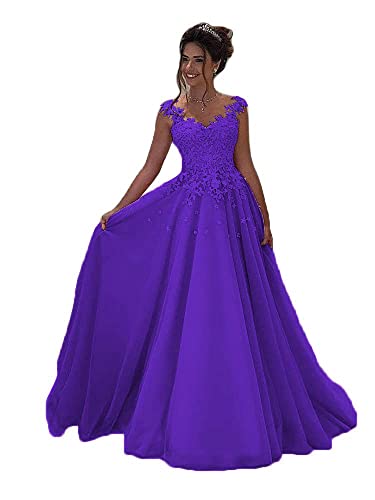 Beyonddress Damen Abendkleider Lang Hochzeit Spitze Prinzessin Ärmellos Brautkleid Ballkleider(Violett,42) von Beyonddress