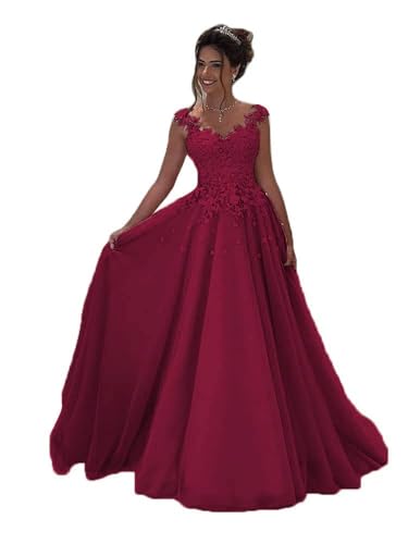 Beyonddress Damen Tulle Abendkleider Lang Hochzeit Spitze Prinzessin Ärmellos Brautkleid Ballkleider(Weinrrot,50) von Beyonddress