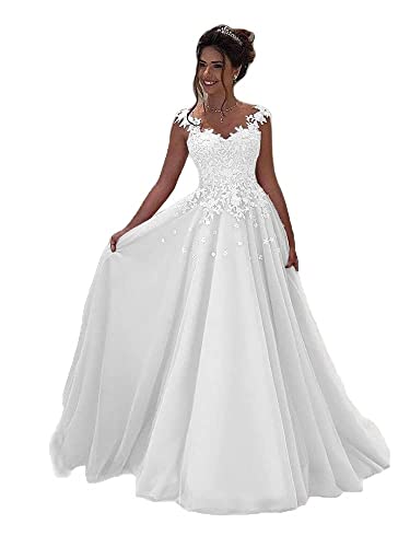 Beyonddress Damen Abendkleider Lang Hochzeit Spitze Prinzessin Ärmellos Brautkleid Ballkleider(Weiß,36) von Beyonddress