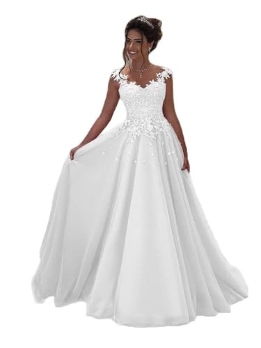 Beyonddress Damen Abendkleider Lang Hochzeit Spitze Prinzessin Ärmellos Brautkleid Ballkleider(Weiß,46) von Beyonddress